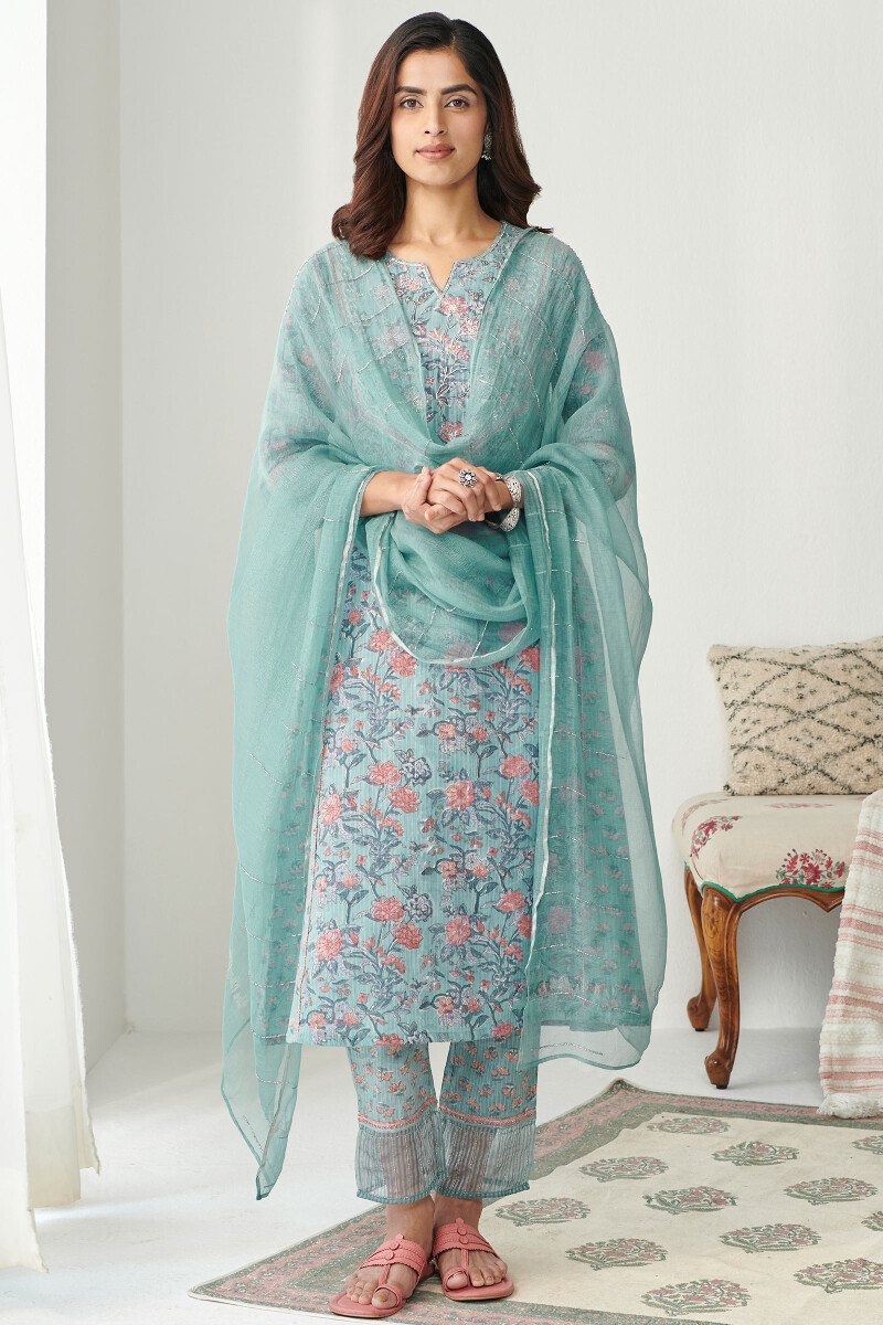 Blue Hand Block Printed A-Line Cotton Kurta