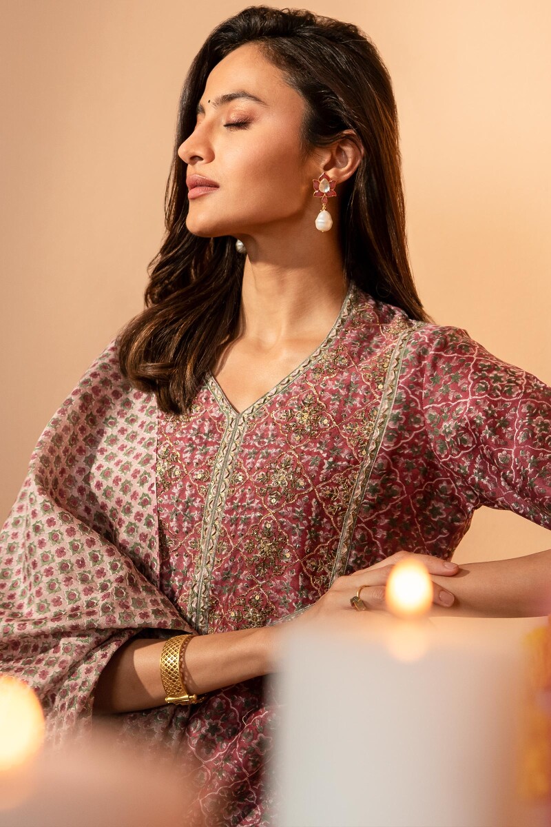 Pink Hand Block Printed Chanderi Dupatta