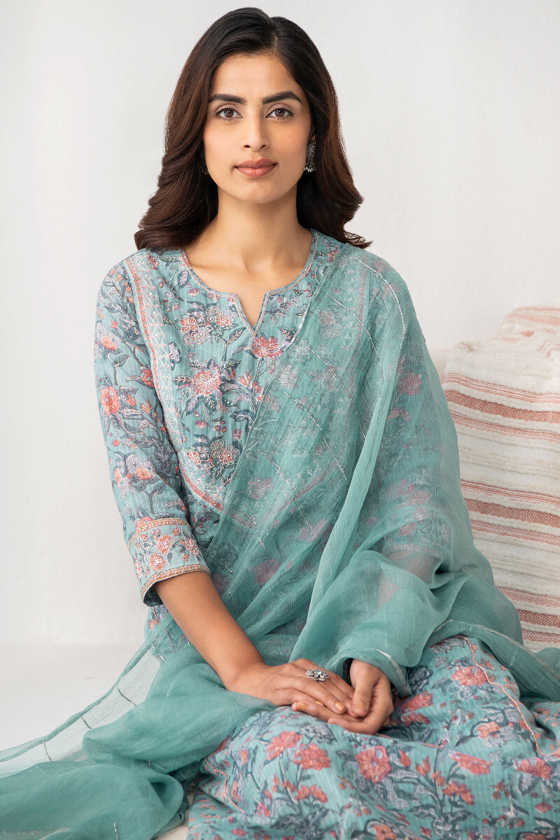 Blue Handcrafted Cotton Silk Dupatta