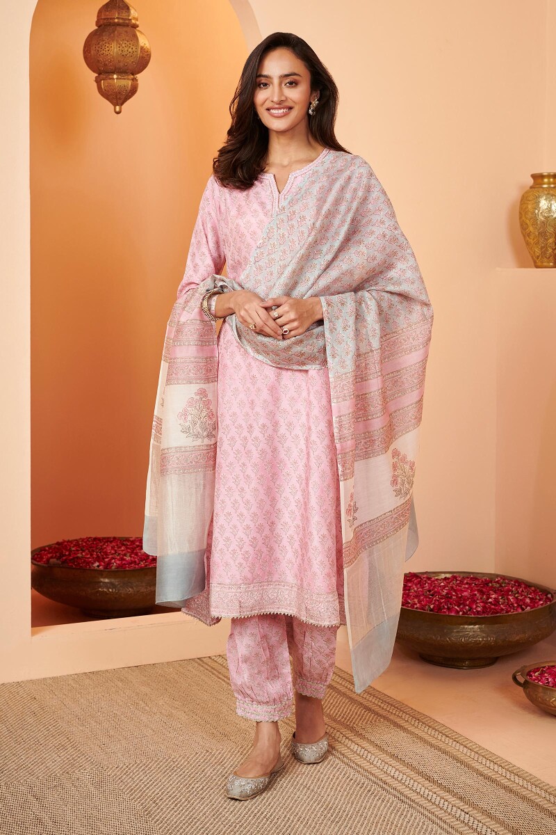 Pink Hand Block Printed A-Line Modal Kurta