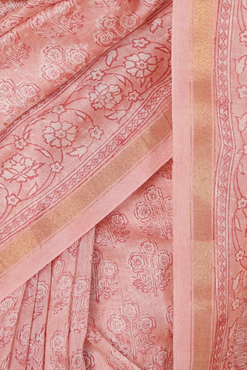 Pink Hand Block Printed Chanderi Saree
