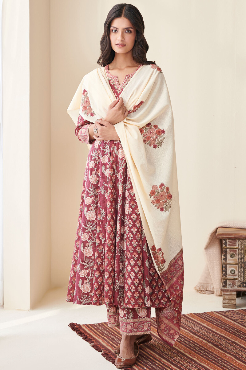 Maroon Hand Block Printed Anarkali Cotton Kurta