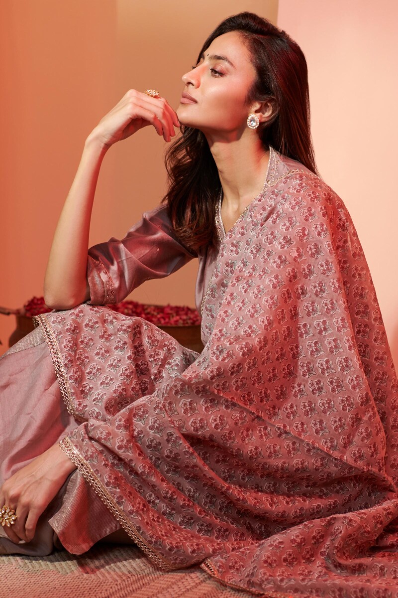 Brown Hand Block Printed Cotton Silk Dupatta