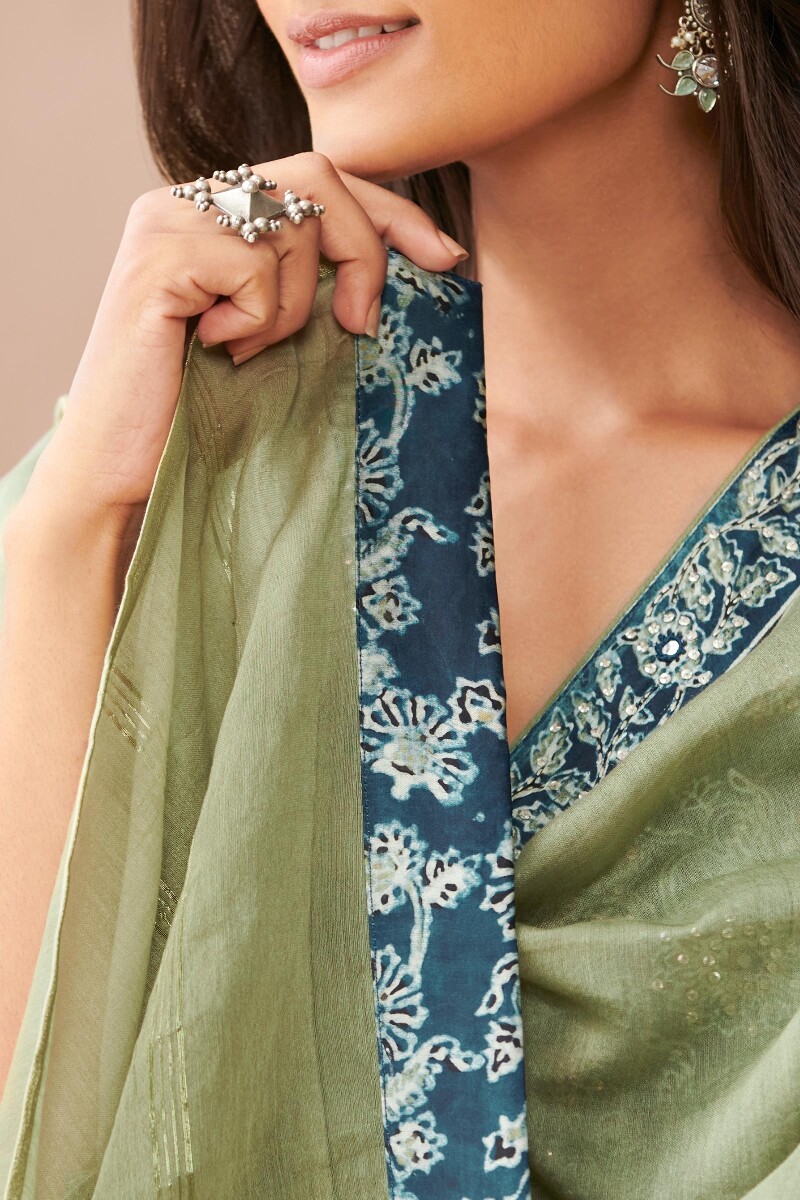 Green Hand Block Printed Cotton Silk Dupatta