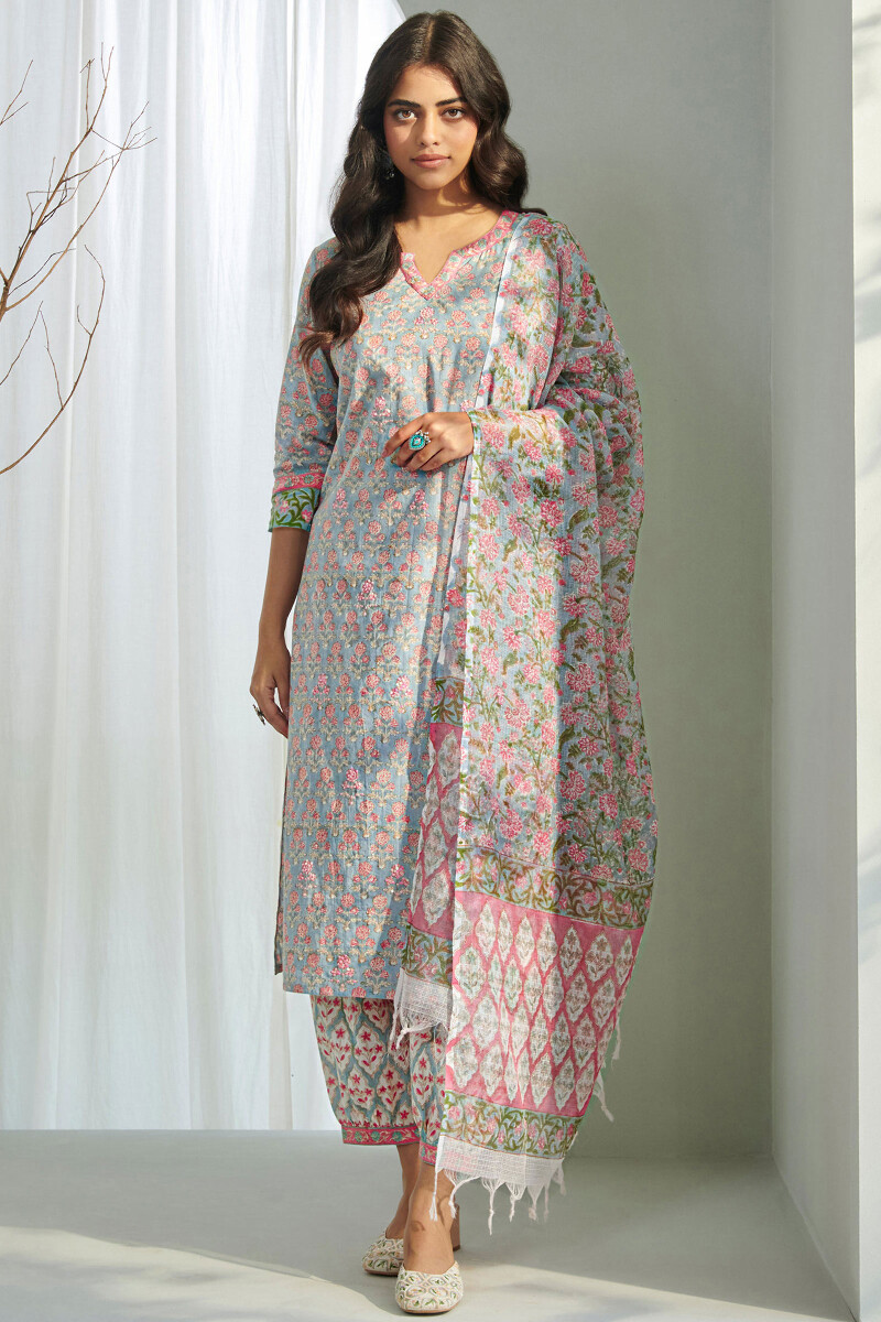 Grey Hand Block Printed Straight Cotton Kurta