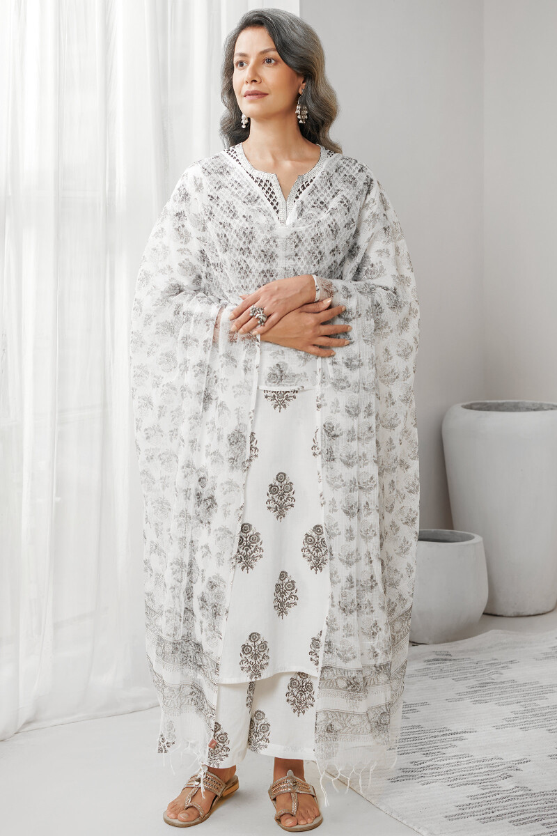 White Hand Block Printed Straight Cotton Kurta