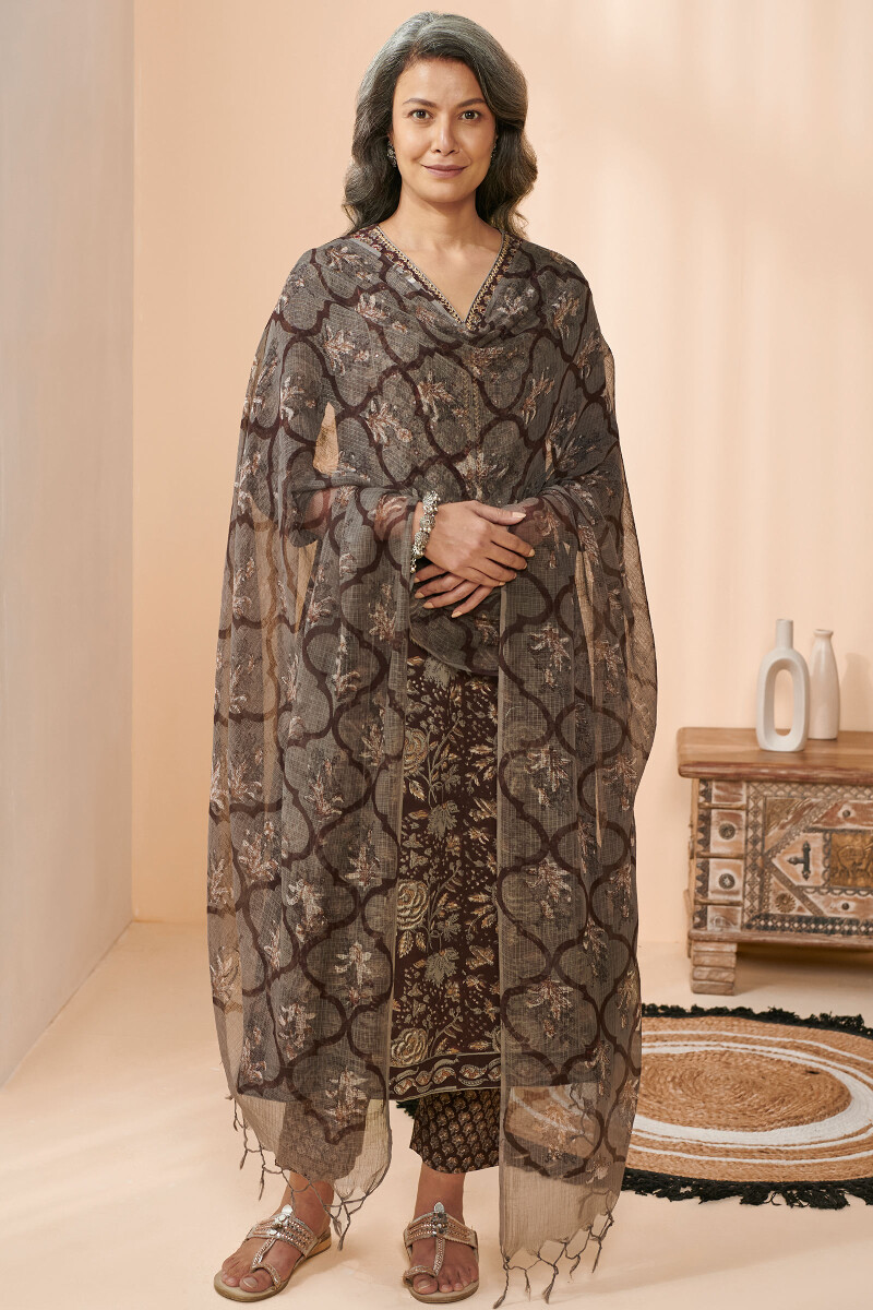 Brown Hand Block Printed A-Line Cotton Kurta