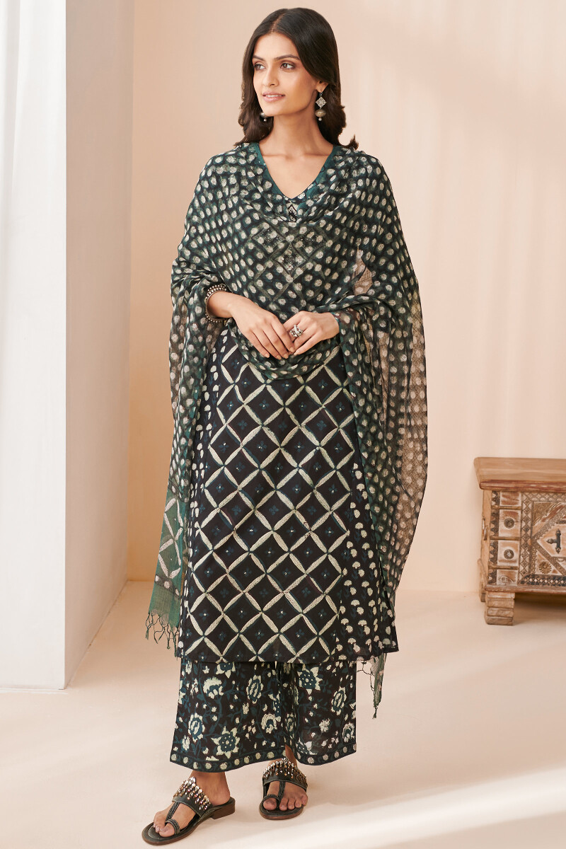 Black Hand Block Printed Straight Cotton Kurta