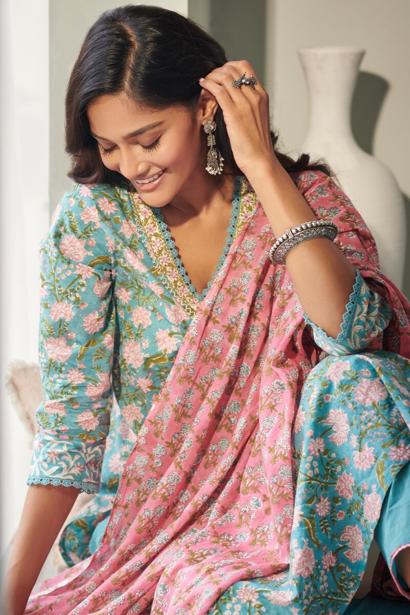 Pink Block Printed Cotton Dupatta