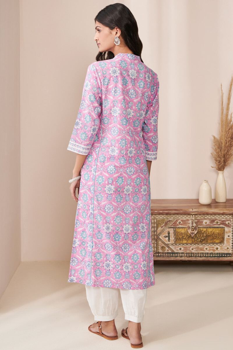 Purple Hand Block Printed Straight Cotton Kurta