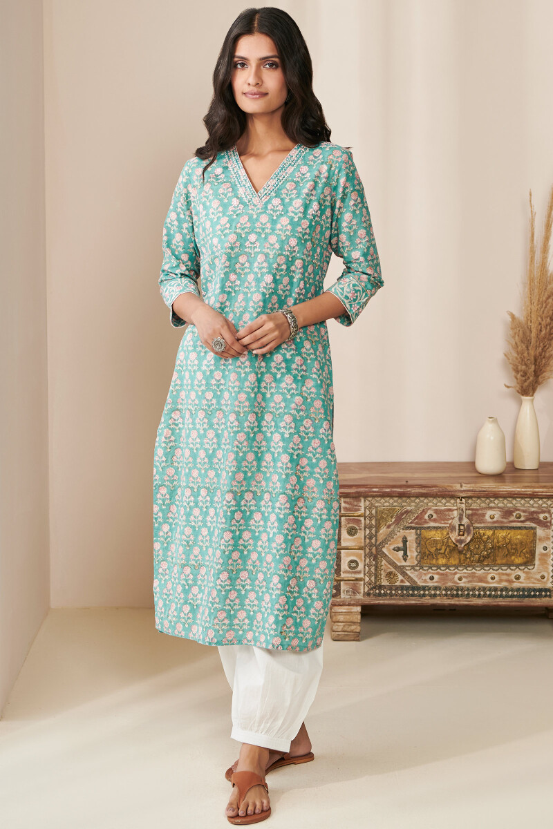 Blue Hand Block Printed Straight Cotton Kurta