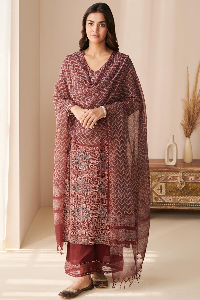 Ajrak Hand Block Printed Straight Modal Satin Kurta