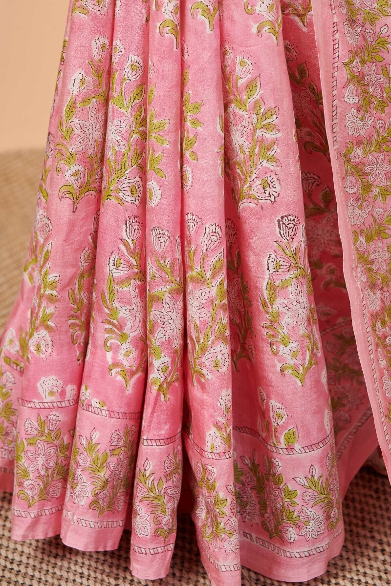 Pink Hand Block Printed Cotton Silk Saree