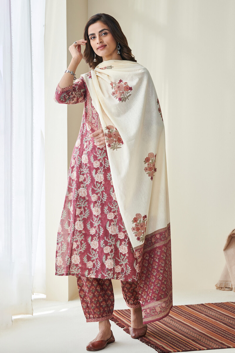 Maroon Hand Block Printed Straight Cotton Kurta