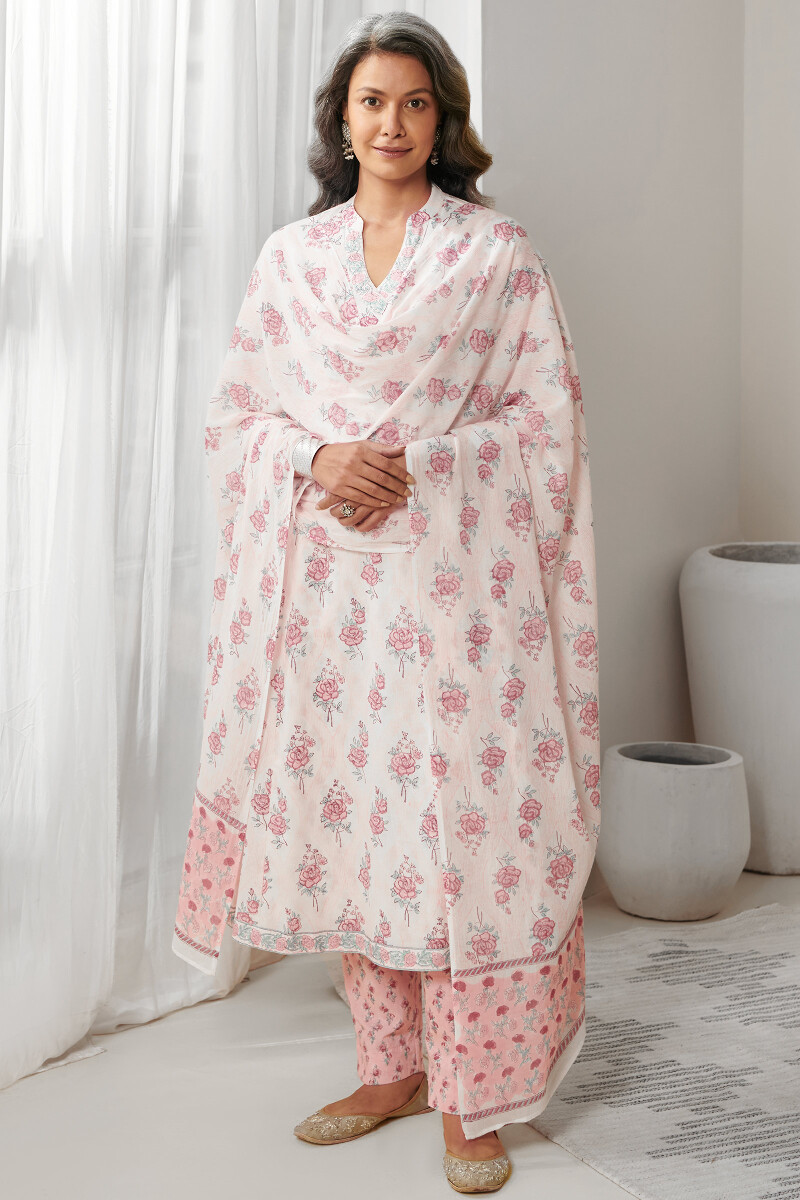 White Hand Block Printed Angrakha Cotton Kurta