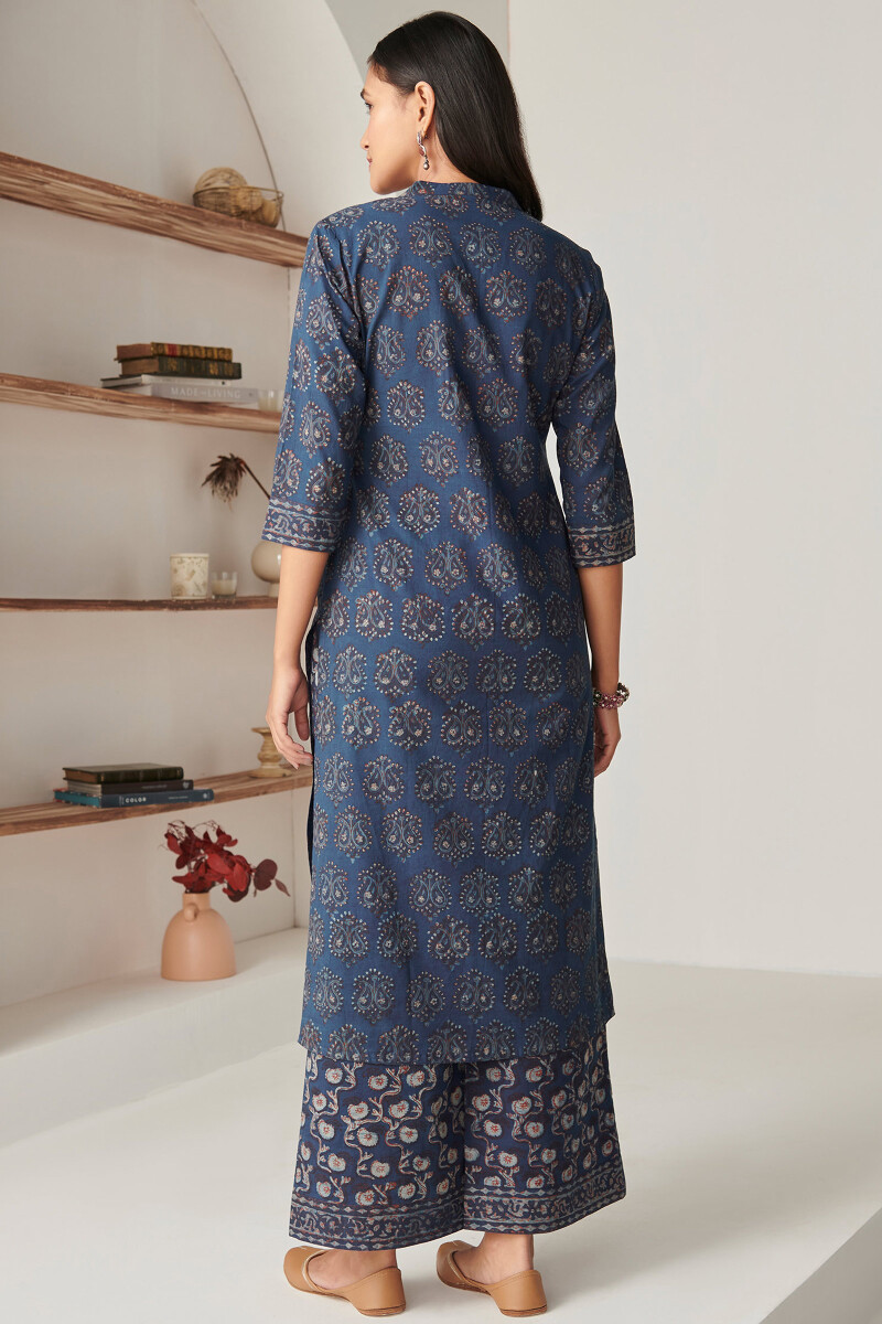 Indigo Hand Block Printed Straight Cotton Kurta