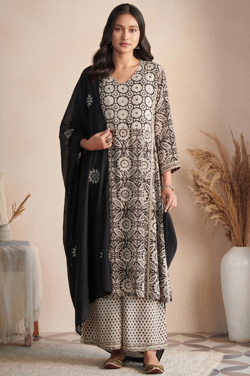 Black Hand Block Printed Straight Modal Kurta