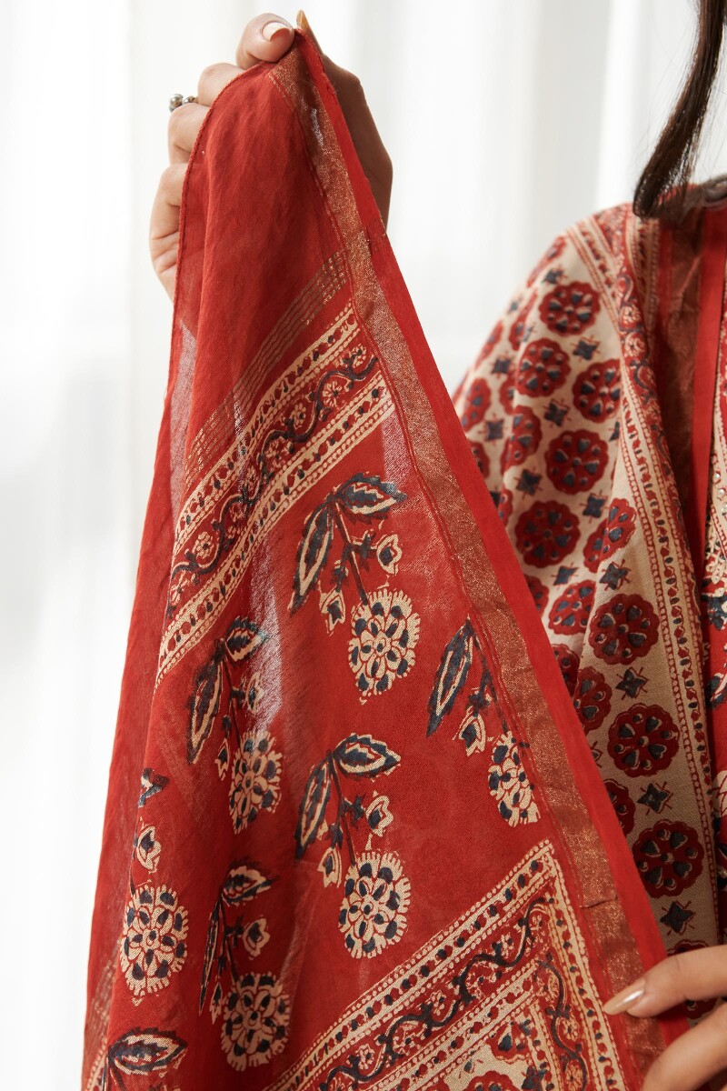 Red Hand Block Printed Chanderi Dupatta