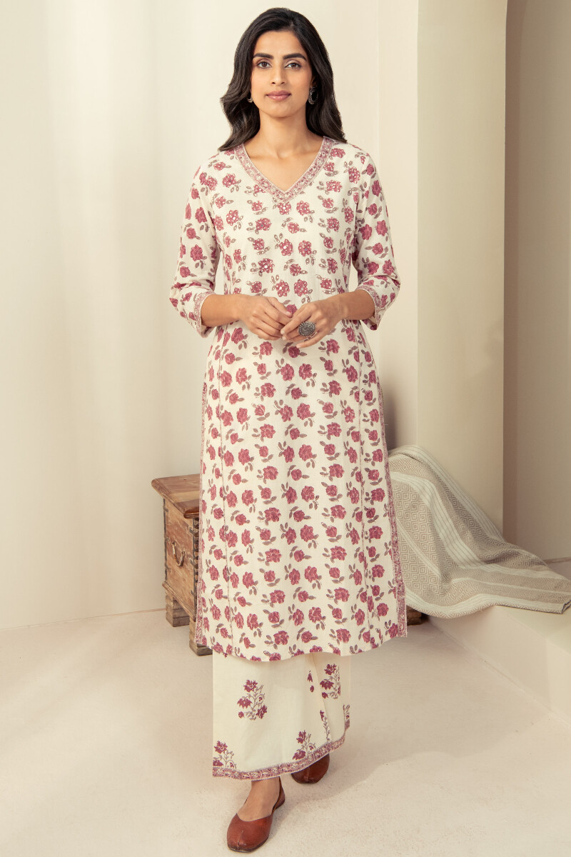 Off-White Hand Block Printed Straight Cotton Kurta