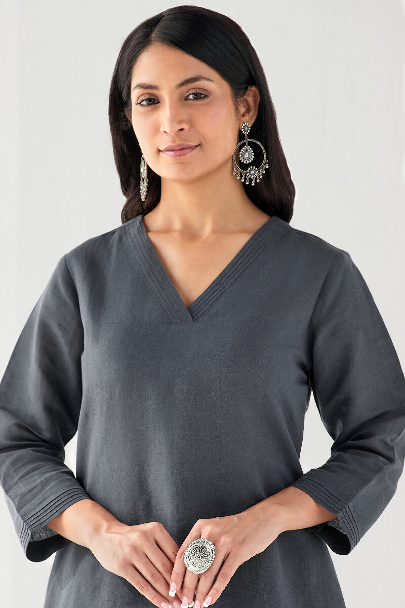 Blue Handcrafted Straight Cotton Linen Kurta