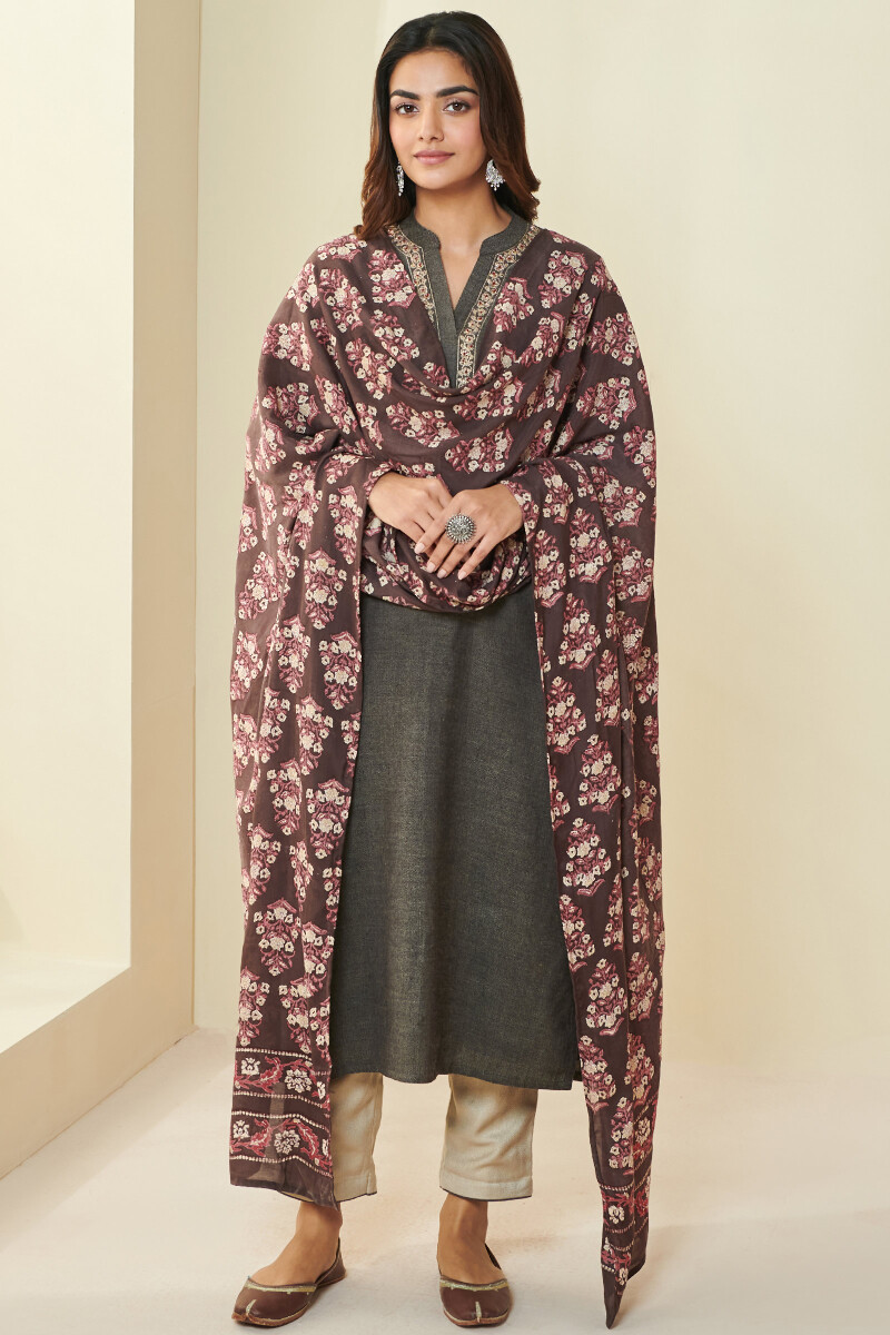 Brown Handcrafted Straight Faux Wool Kurta