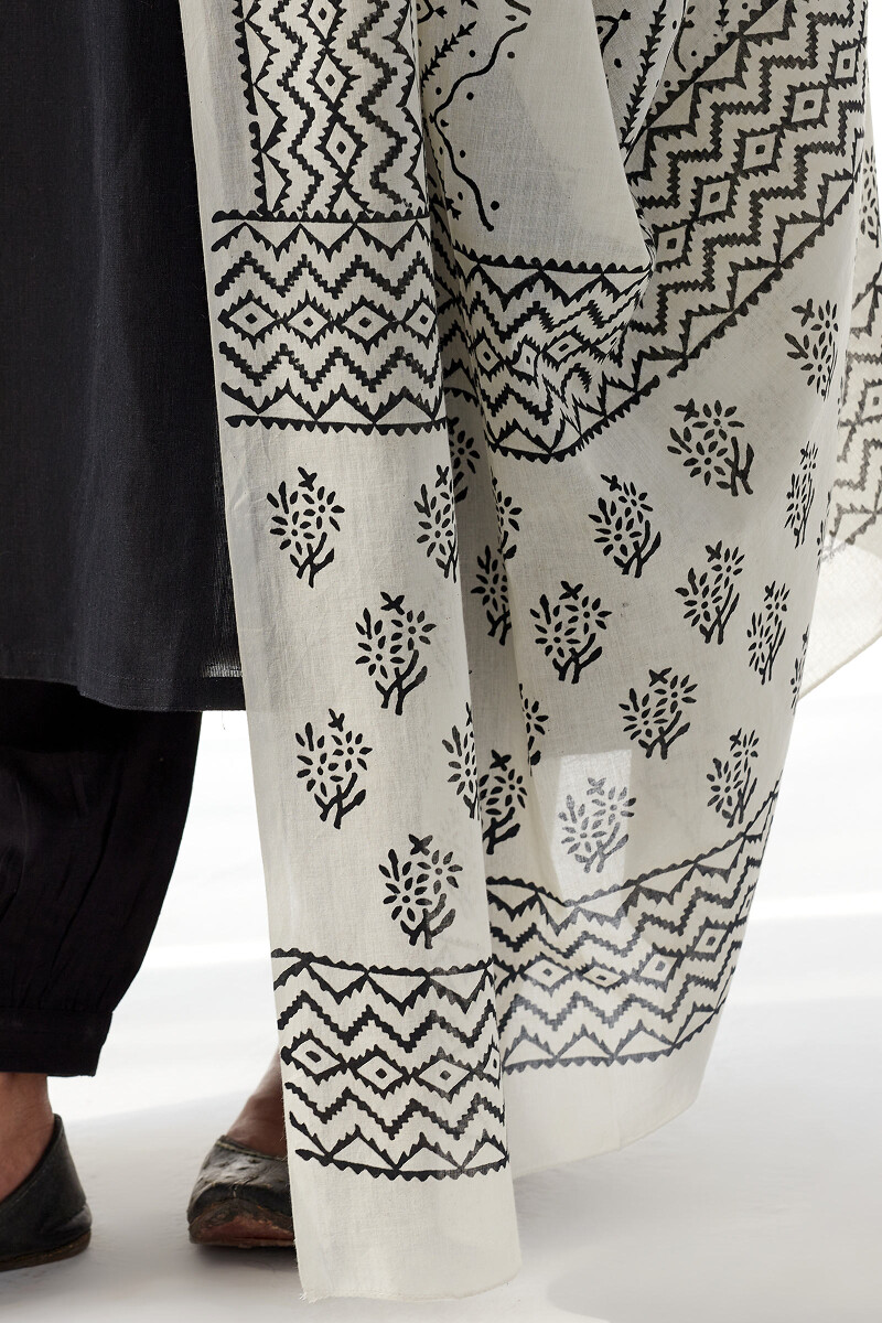 White Hand Block Printed Cotton Mul Dupatta