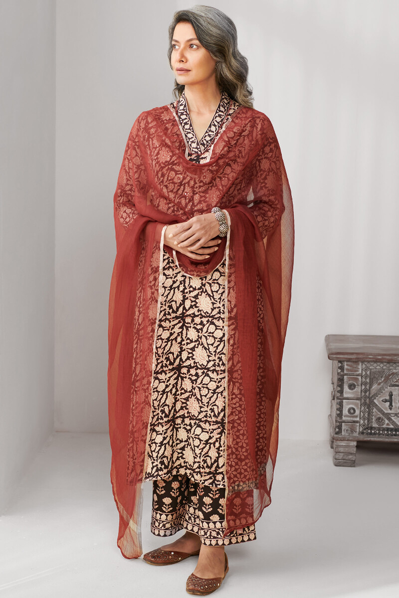 Black Hand Block Printed Straight Modal Kurta
