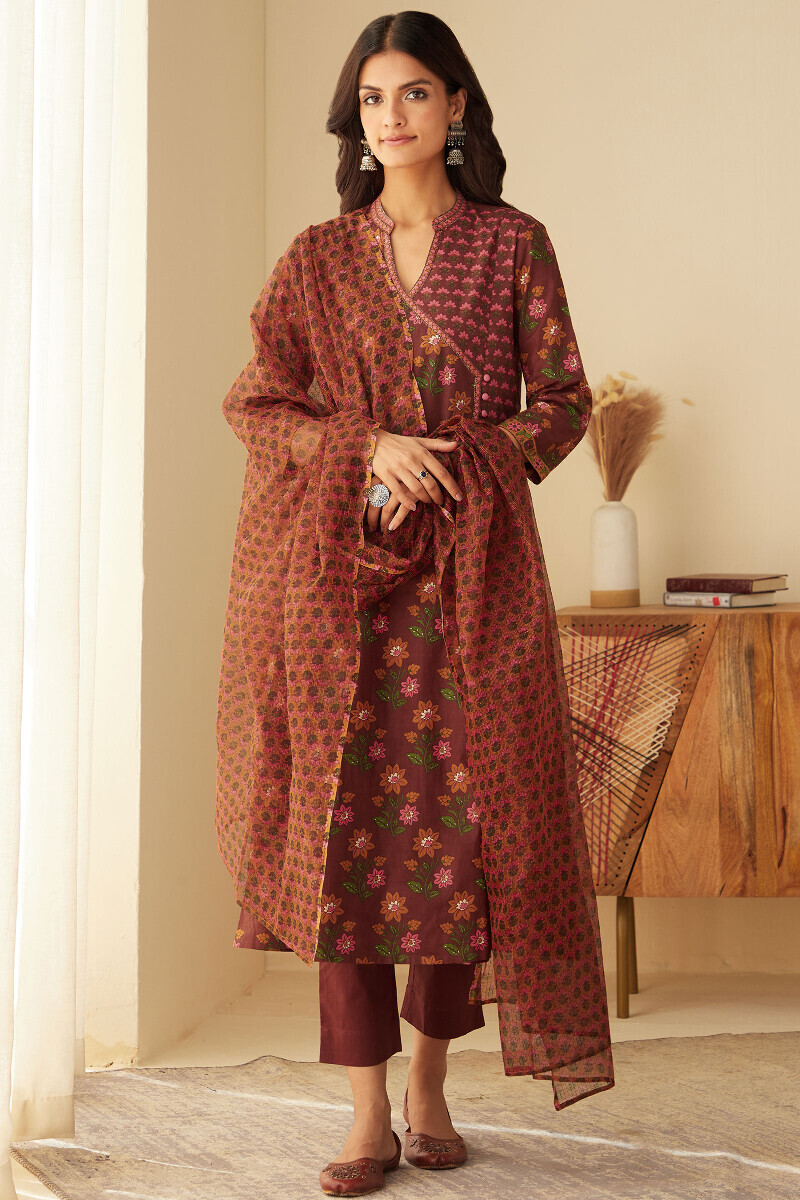 Brown Hand Printed Angrakha Cotton Kurta