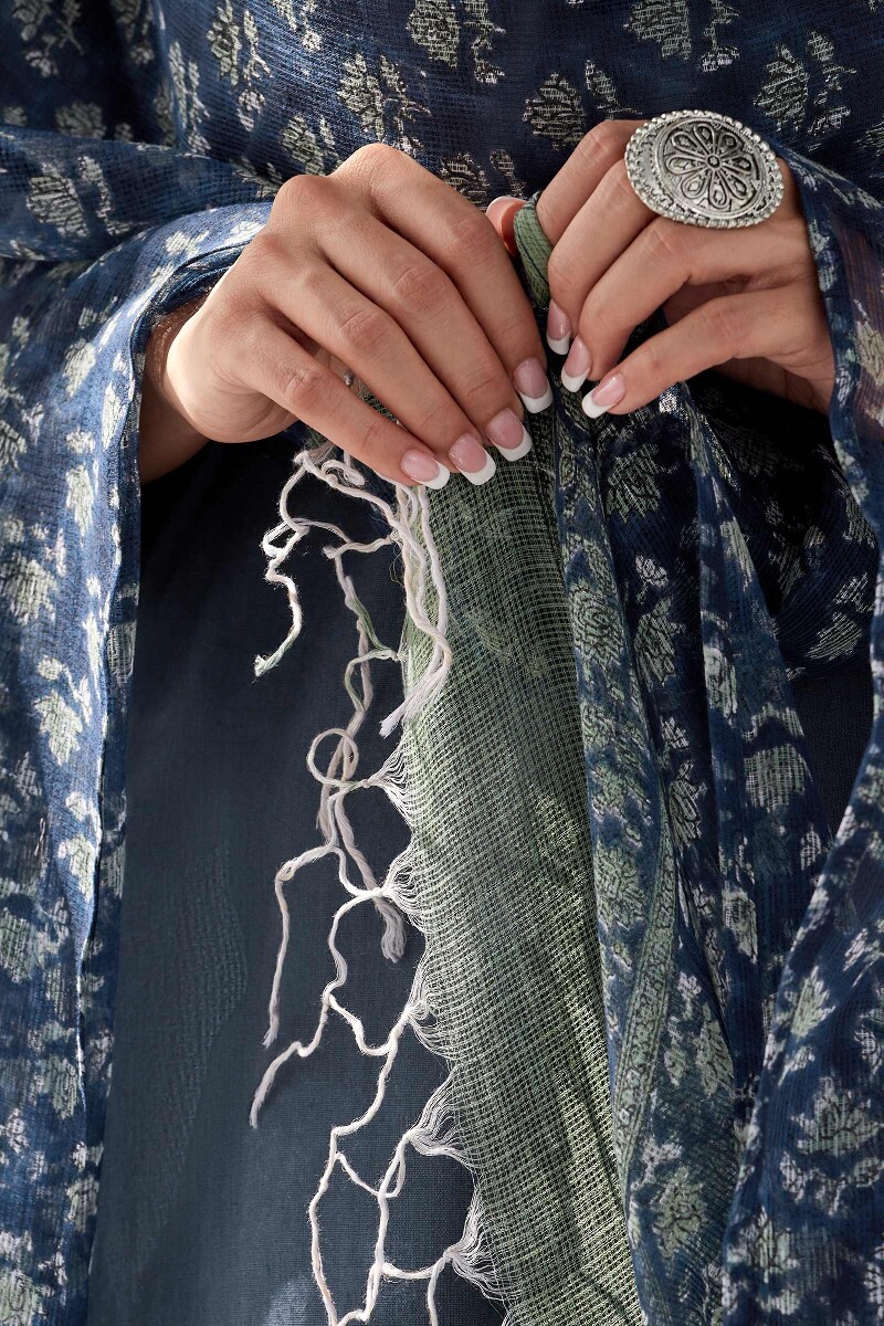 Blue Hand Block Printed Kota Dupatta