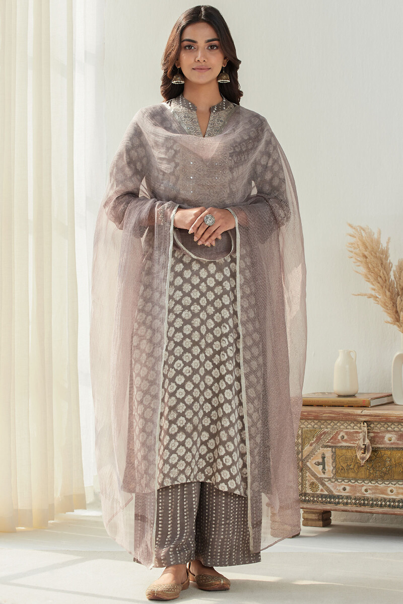 Grey Hand Block Printed Straight Modal Kurta