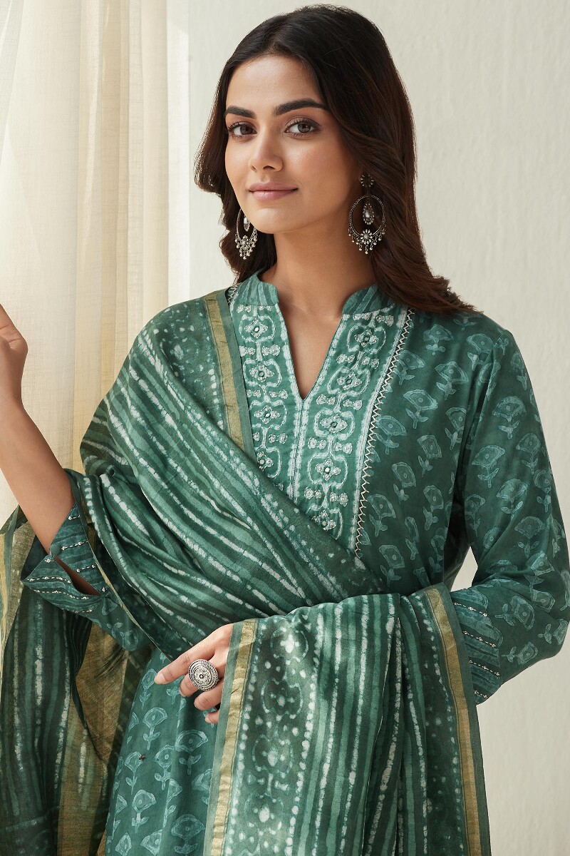 Green Hand Block Printed Chanderi Dupatta
