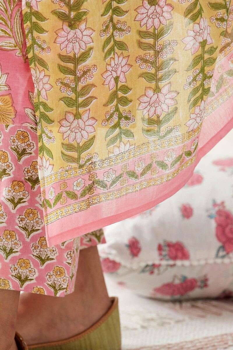 Yellow Hand Block Printed Cotton Mul Dupatta
