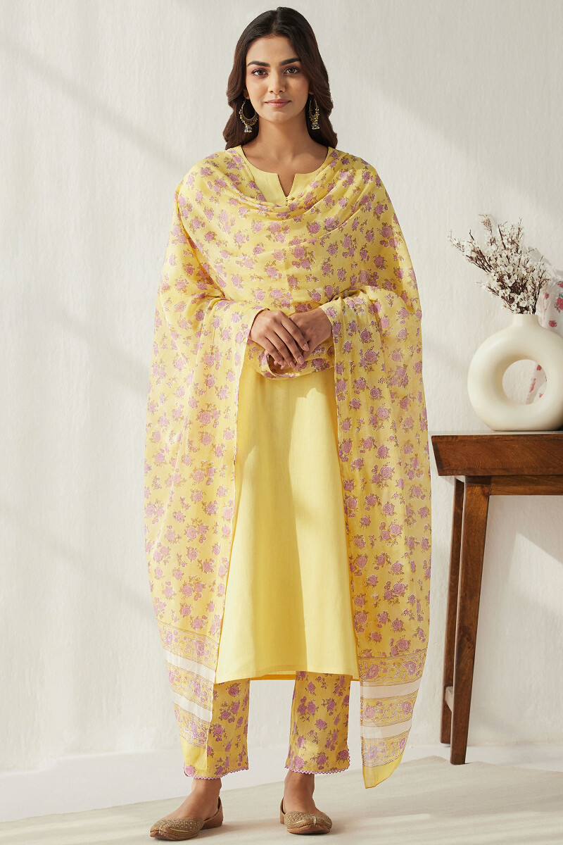 Yellow Hand Block Printed Cotton Mul Dupatta