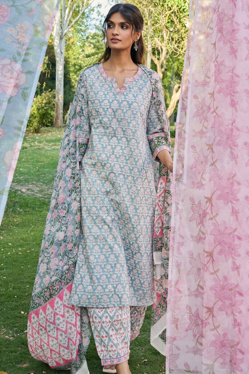 Grey Hand Block Printed Cotton Izhaar Pants
