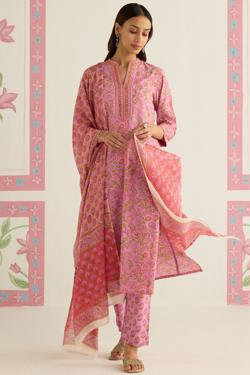 Pink Hand Block Printed Kota Dupatta