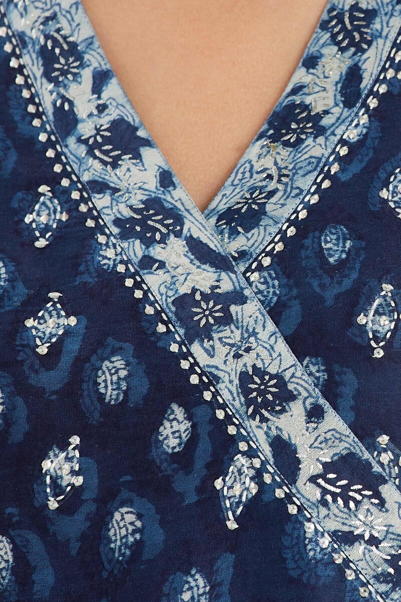 Indigo Hand Block Printed Anarkali Chanderi Kurta