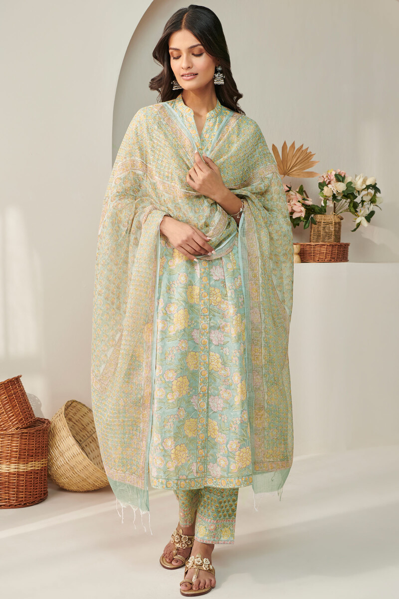 Blue Hand Block Printed A-Line Cotton Mul Kurta