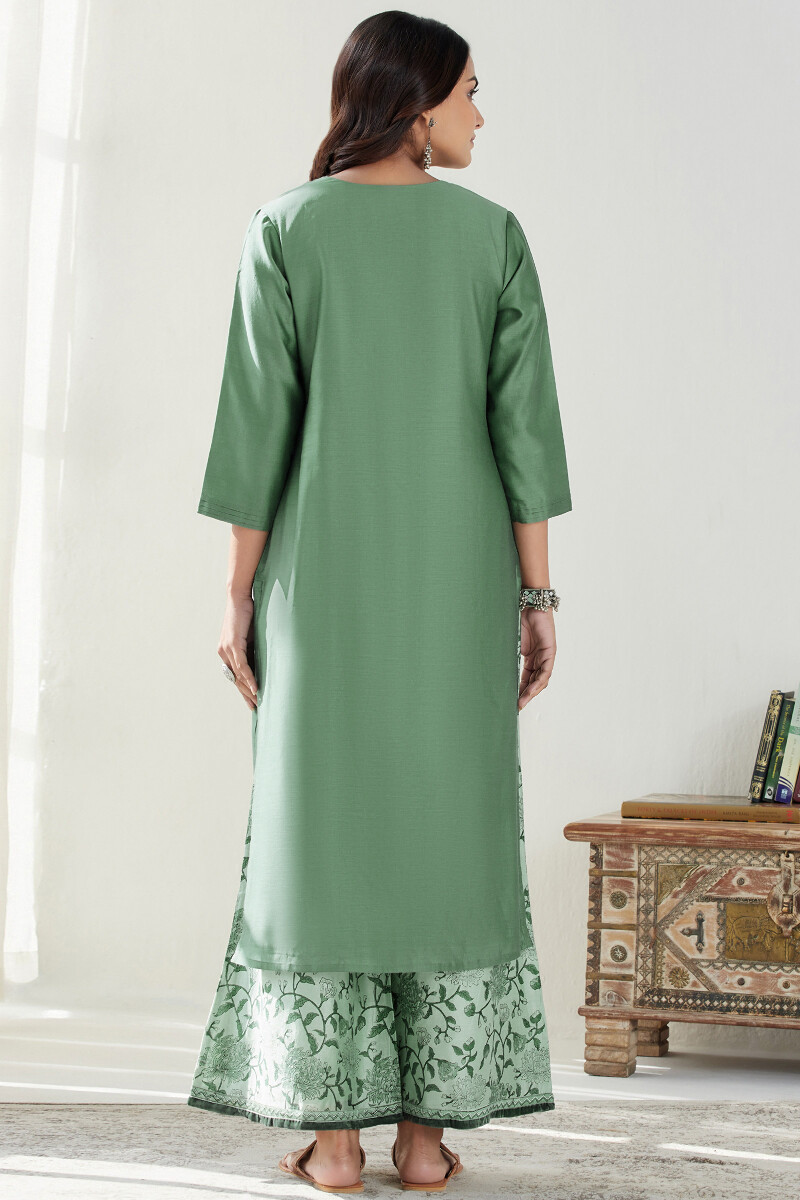 Green Handcrafted Straight Chanderi Kurta