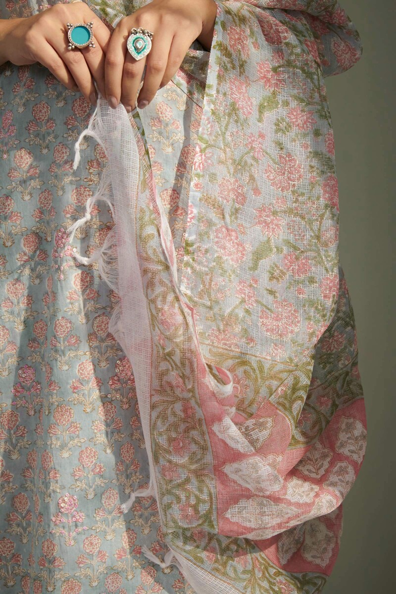 Grey Hand Block Printed Kota Dupatta