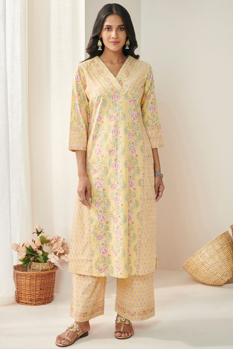 Yellow Hand Block Printed Straight Cotton Slub Kurta