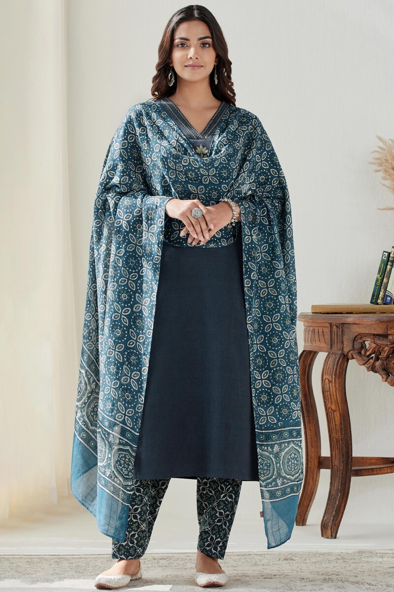 Blue Handcrafted Straight Cotton Kurta