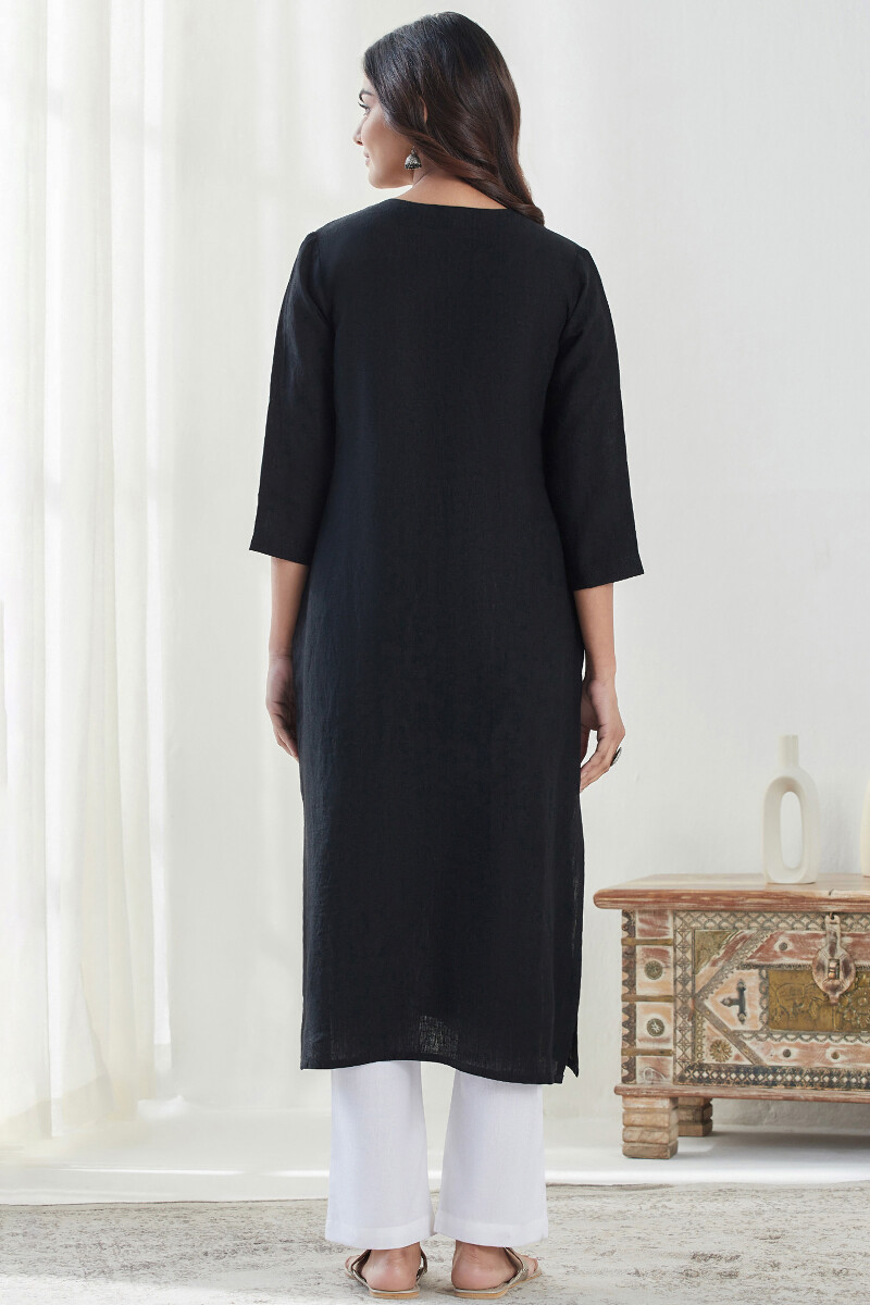 Black Handcrafted Straight Linen Kurta