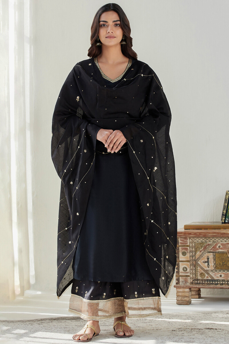 Black Handcrafted Straight Chanderi Kurta