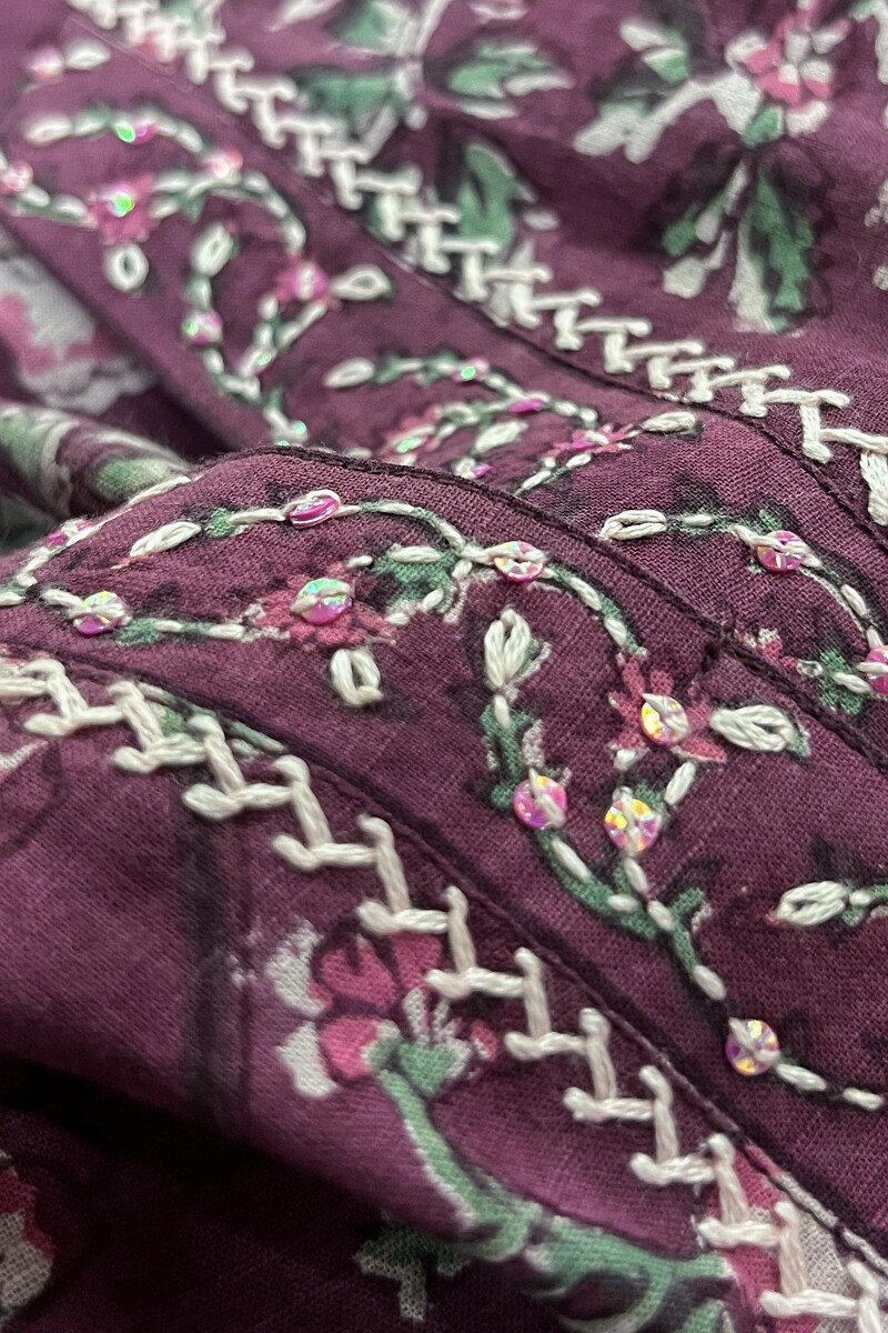 Purple Hand Block Printed Straight Cotton Slub Kurta