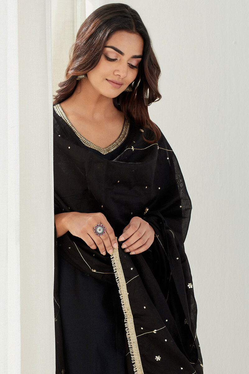 Black Handcrafted Cotton Silk Dupatta