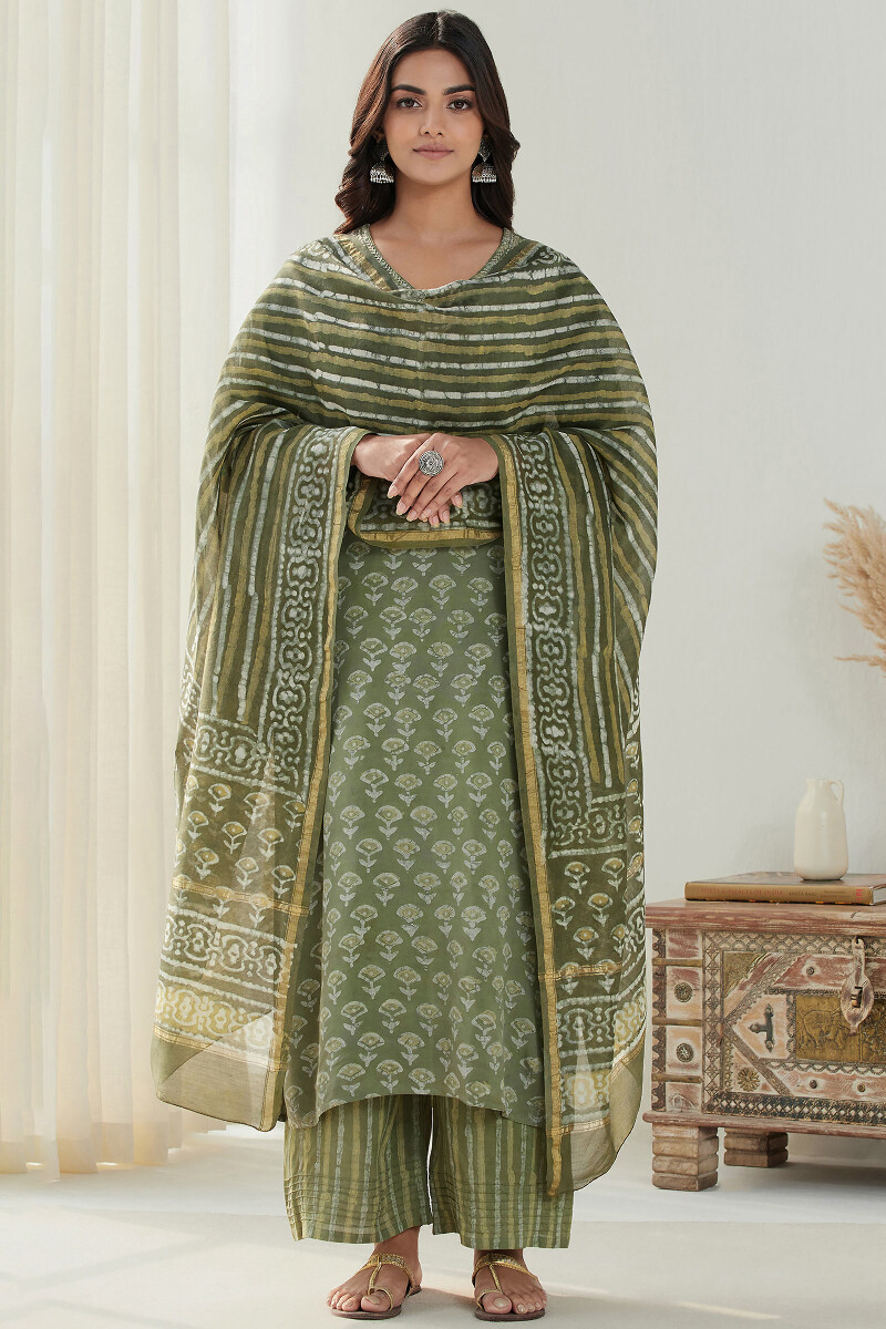 Green Hand Block Printed Straight Modal Kurta