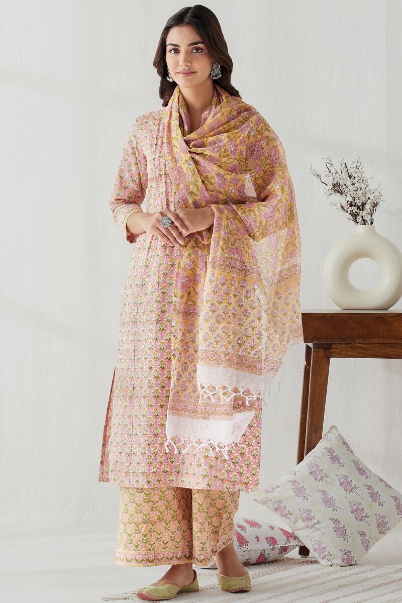 Pink Hand Block Printed Straight Cotton Flax Kurta