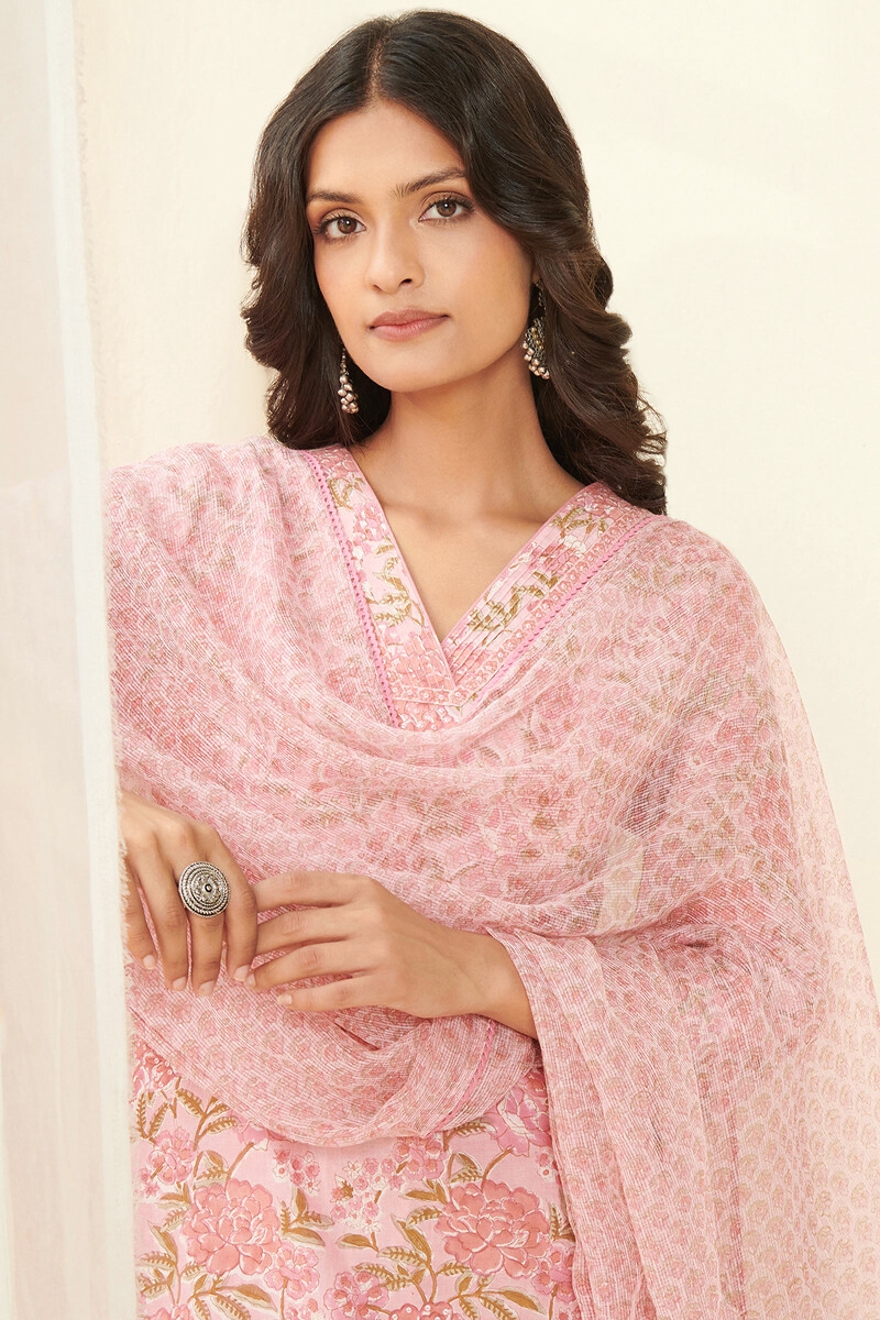 Pink Hand Block Printed Kota Dupatta