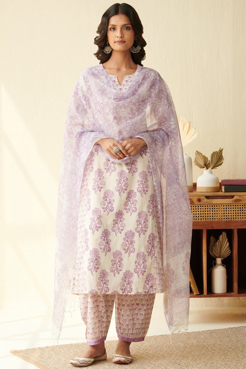 Off-White Hand Block Printed Straight Cotton Kurta