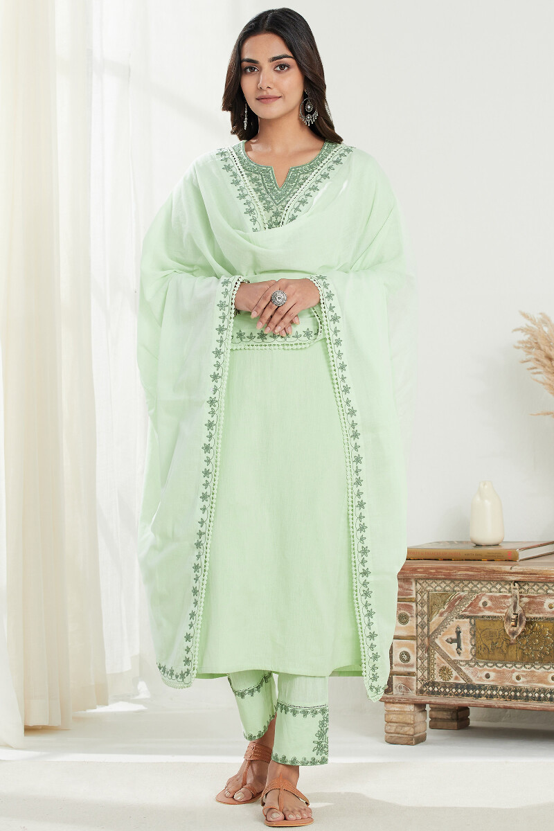 Green Handcrafted Straight Cotton Flax Kurta